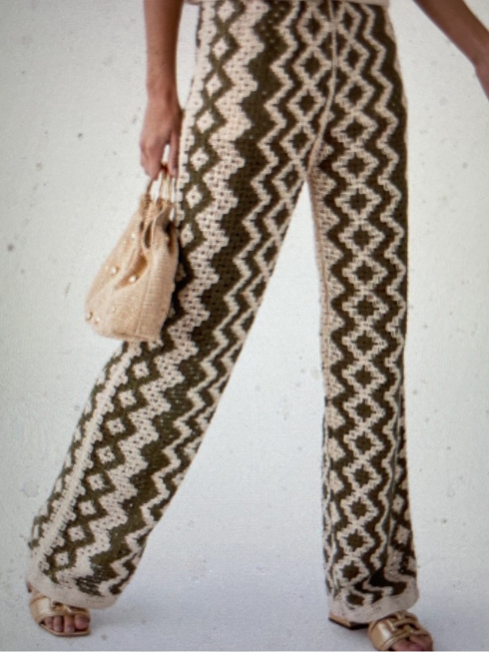RD Style Crochet Wide-Leg Pants in Olive & Cream Zigzag